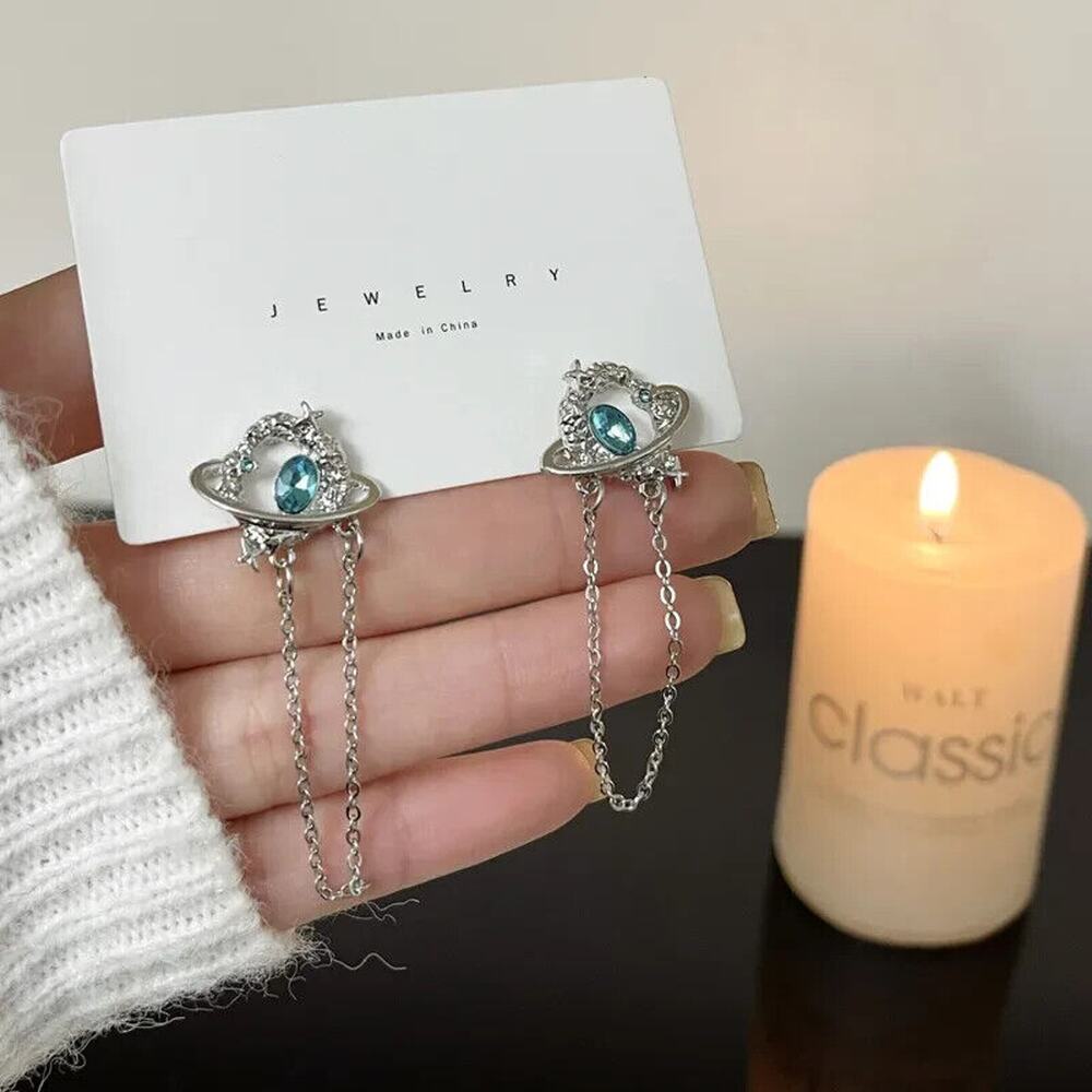 Turquoise Silver Rhinestone Chain Dangly Earrings‎ Boho Retro Festive Goth Artsy